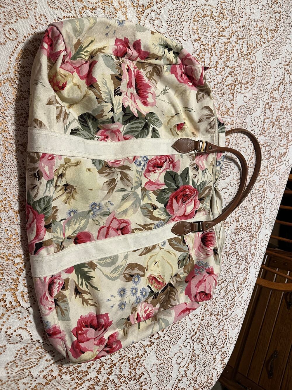 Vintage Floral Duffle Bag Canvas Rose Print Overnighter Weekend Travel Tote